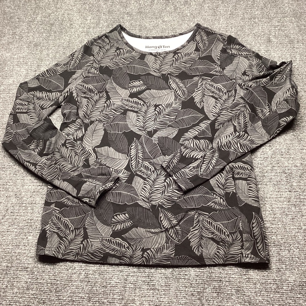 Hang Ten Rash Guard Womens Small S Black Palm Leaf Long Sleeve Sun Shirt UPF 50+